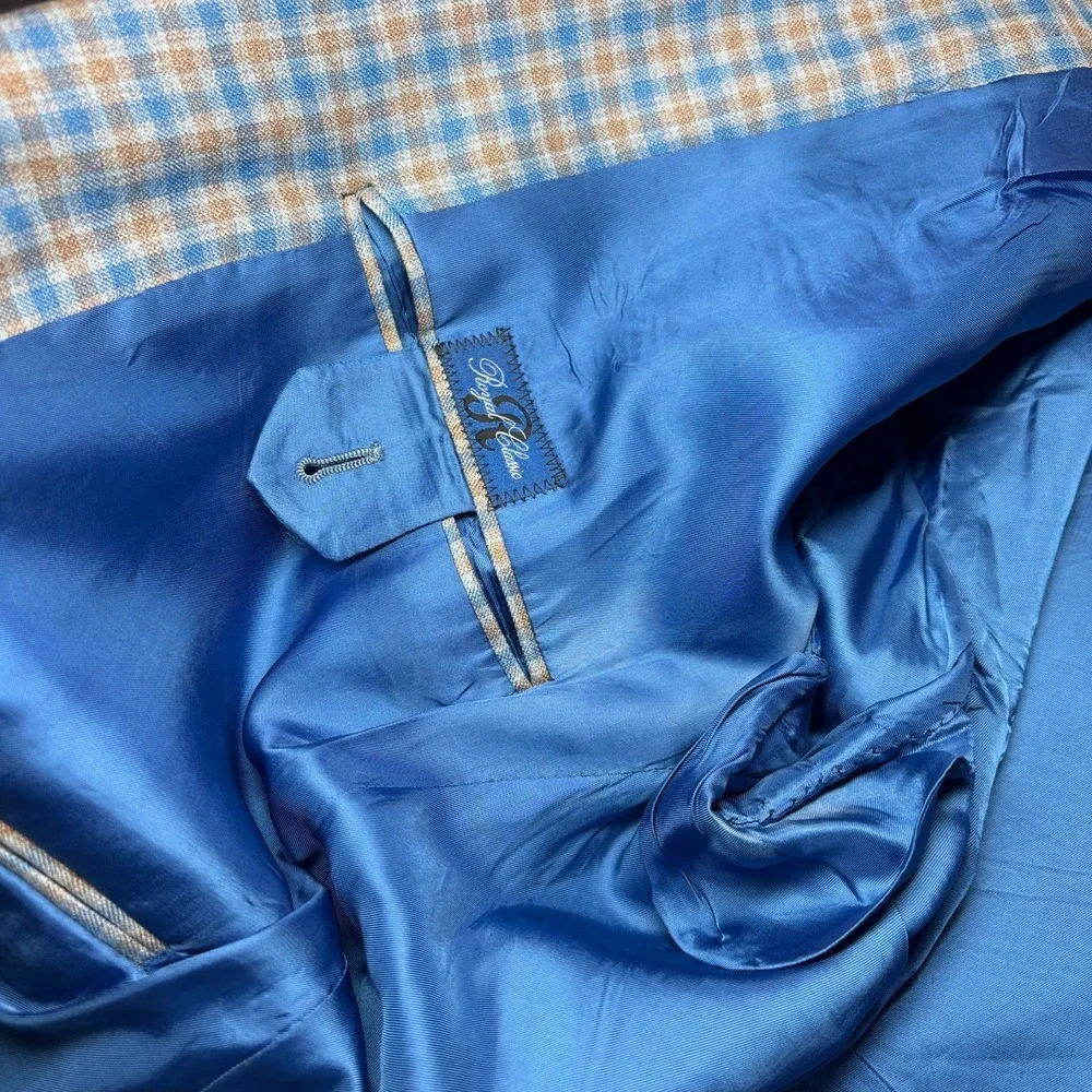 Bespoke Holland & Sherry Tom James Check Wool Sport‎ Coat Tailored Fit Blue 46L